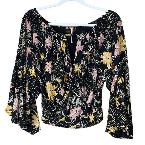 Free People Last Time Print Top In Black Combo Dramatic Bell Sleeve Size Small - Picture 1 of 12